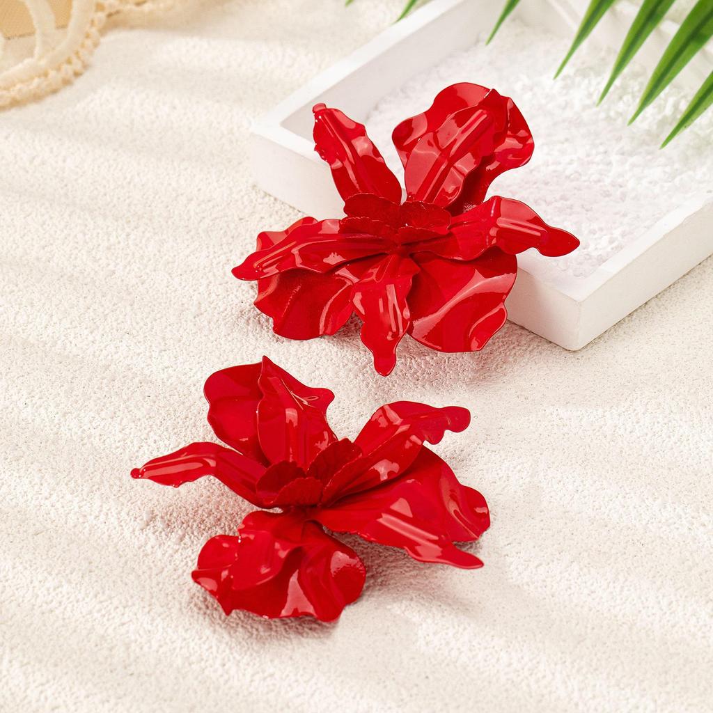 Red Exaggerated Large Flower Metal Spray Painted Earrings