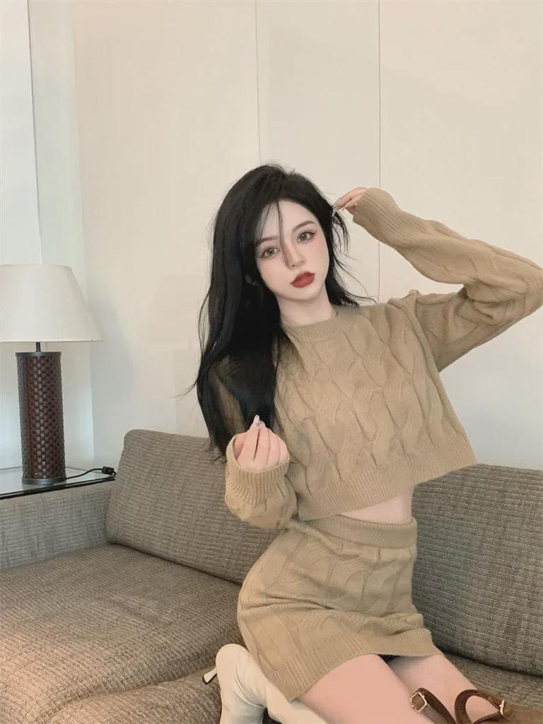 Women's Cable Knit Sweater & Skirt Set - Slim Fit Long Sleeve Top with High Waist Short Skirt