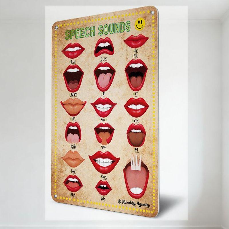 

Speech Sounds Educational Phonetics Lip Articulation Metal Tin Sign for Classroom Wall Decor, Vintage Beige Yellow Dot Border Me 20x30cm（7.8x11.8inch）