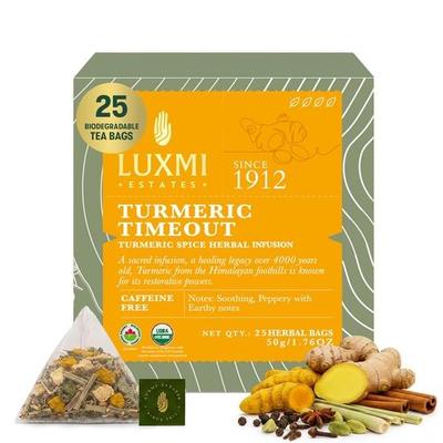 LUXMI Estates Turmeric Time-Out Herbal Tea - 25 Tea Bags (50 Gm) | Certified Usda Organic Herbal Tea | 25 Cups