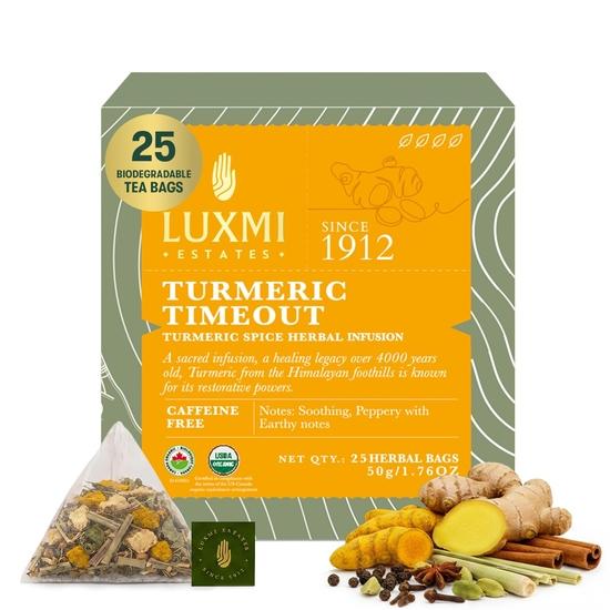 LUXMI Estates Kurkuma Auszeit Kräutertee - 25 Teebeutel (50 gr) | Zertifizierter Bio-Kräutertee nach USDA-Standard | 25 Tassen