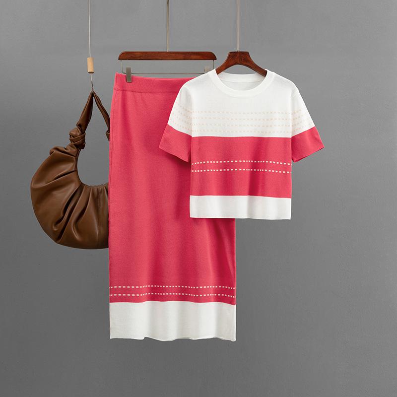 Fashion Knitted Suit Women's Summer New Contrasting Color Short-sleeved Top Skirt Two-piece Set