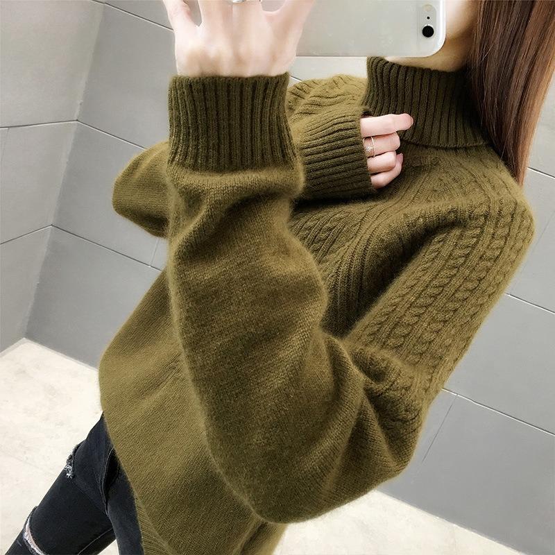 Women's  Knitted Loose Pullover Sweater Thickened Sweater High Collar Shirt Solid Color Autumn/Winter
