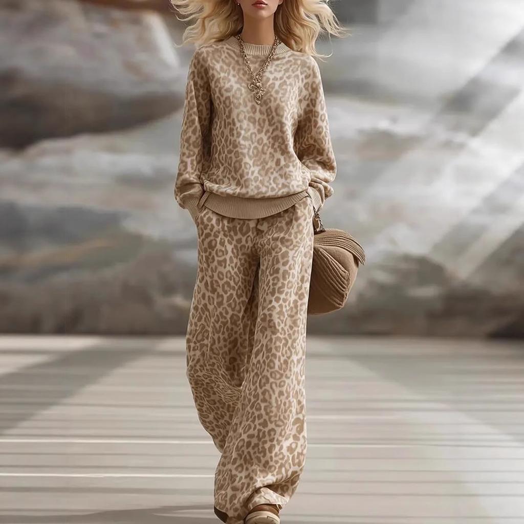 Womens Beige Leopard Print Sweater and Wide Leg Pants Two Piece Set