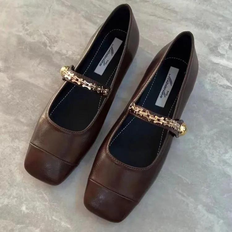 Fashion Brown Square Toe Single Shoes for Women New Spring Autumn French Flat Leather Shoes Mary Jane Women's Shoes Heels