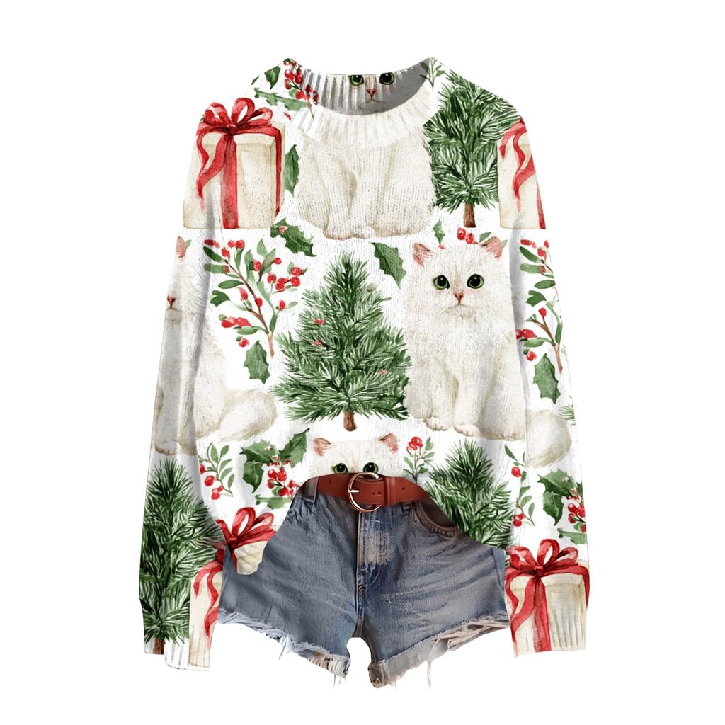Women's Soft Christmas Print Crewneck Long Sleeve Sweater for Fall and Winter