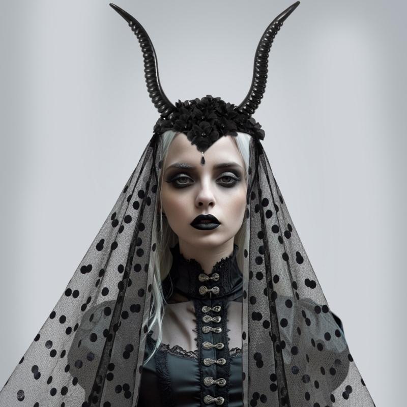 Punk Goat Horn Hairband for Halloween Party Gathering with Flower and Tulle Adult Women Roleplaying Game Accessories