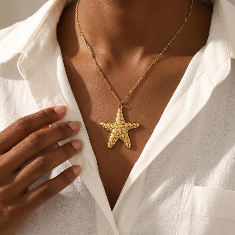 Stainless Steel Starfish Conch Necklace for Women Delicate Vintage Hammered Cross Pendant Necklace Casual Versatile Jewelry Gift