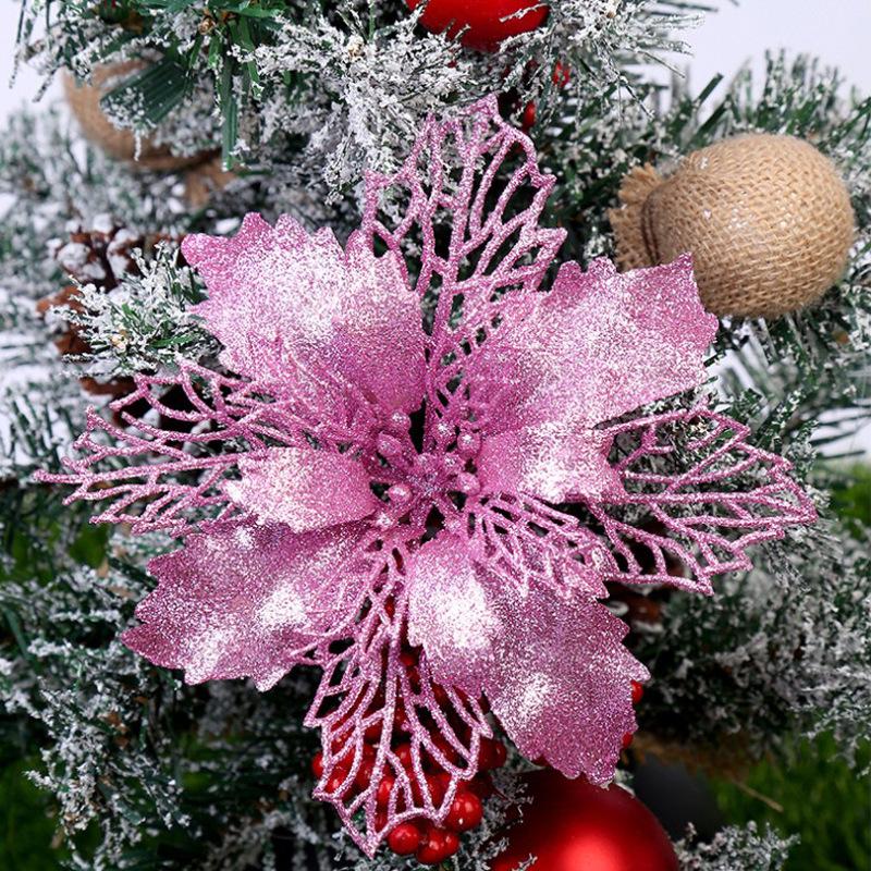 10cm Pink Glitter Poinsettia Christmas Tree Ornaments & Decorations