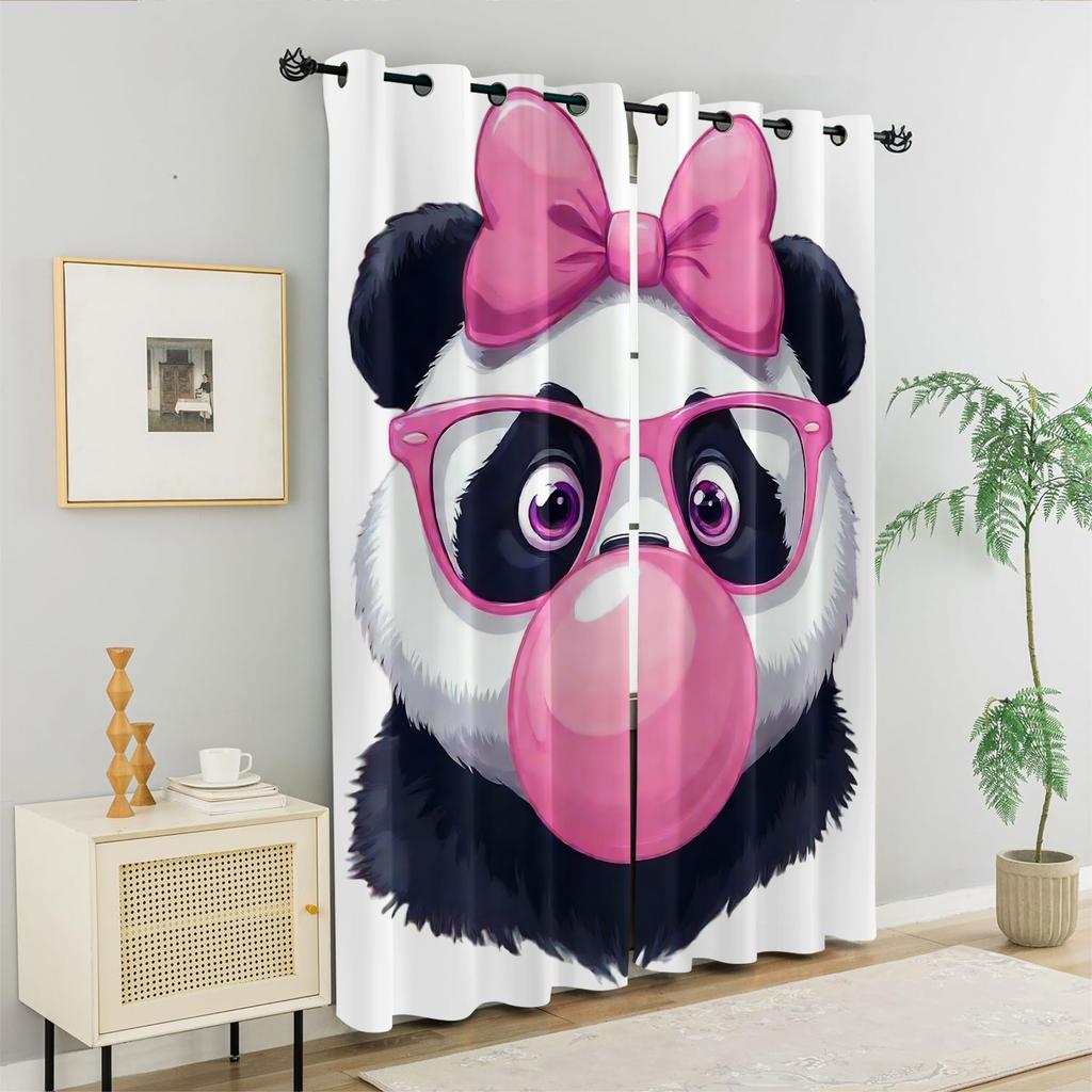 Sweet Girly Pink Bow Panda Blowing Bubble Gum Full Print Window Curtains Grommet Top Decorative Cartoon Curtains