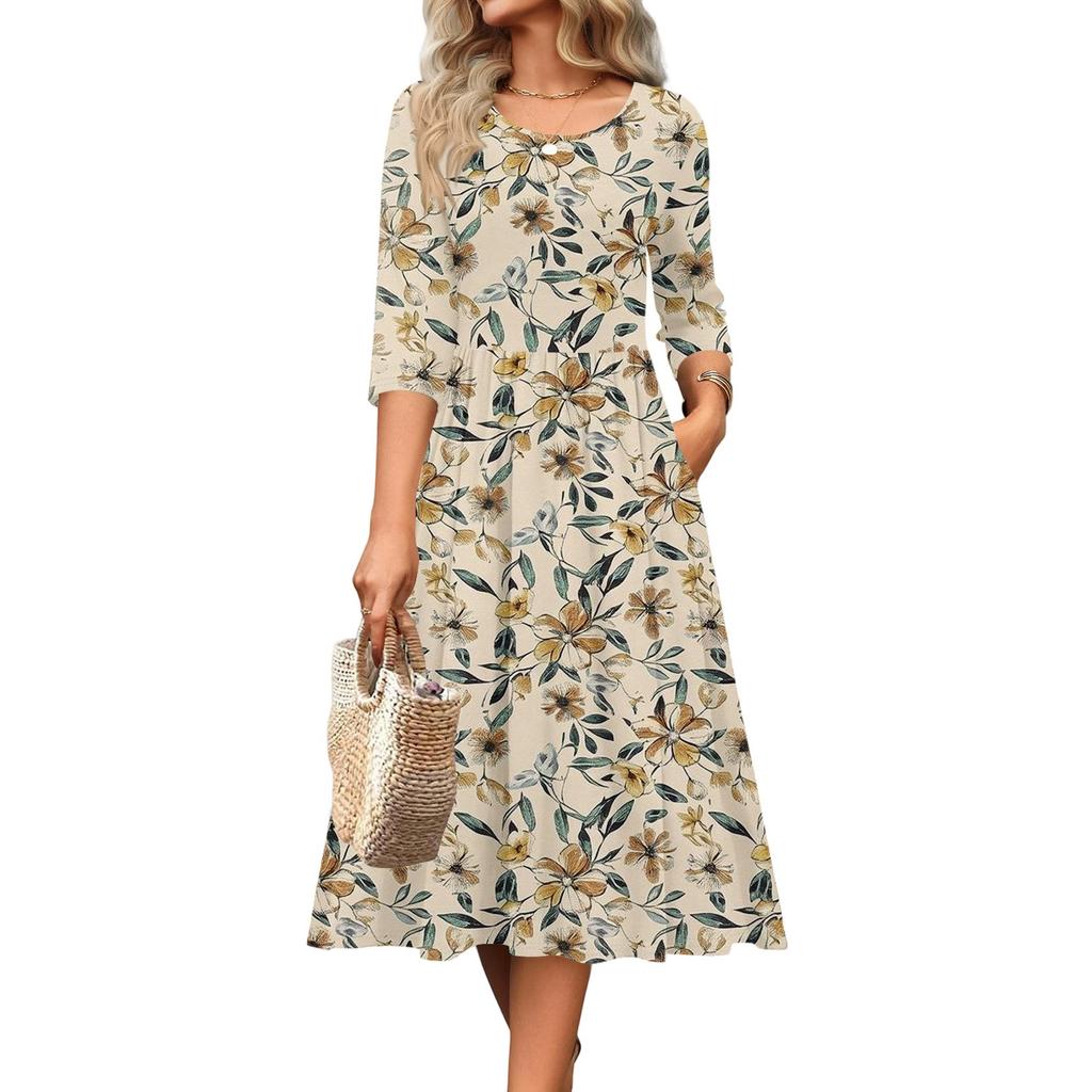 3/4 Sleeve Women's Dress Casual Flowy A-Line Midi Tshirt Dresses With Pockets Crewneck Vocation Boho Beach Sundress