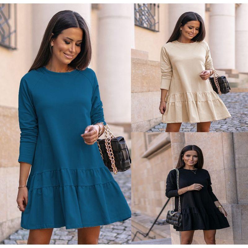 

Long Sleeve Home Loose round Neck Ruffle Dress Sweater Blue M