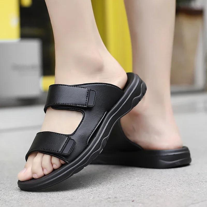 Outdoor Men Slippers Leather Lightweight Flip-flops Summer Casual Beach Sandals Male Flat Non-Slip Comfort Classic Lazy Slides