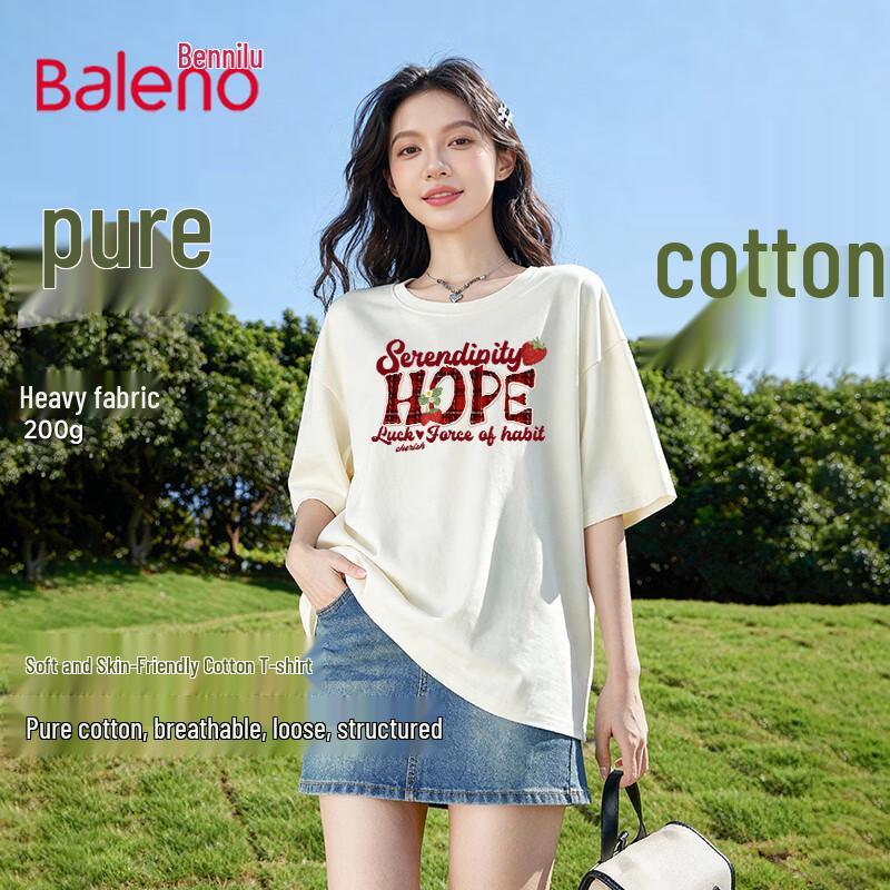 Baleno Women s Pure Cotton American Retro Loose Short Sleeve T-Shirt L