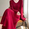 Women's Autumn and Winter Waist-hugging and Slimming A-line Base Skirt Mid-length Pullover Long Sleeve Over-knee Knitted Dress