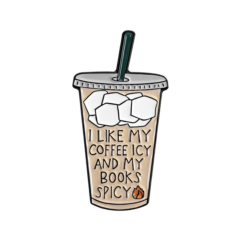 I Like My Coffee Icy and Books Spicy Enamel Pins Reading Brooches Lapel Badges Cartoon Bookish Jewelry Gift for Reader Friends