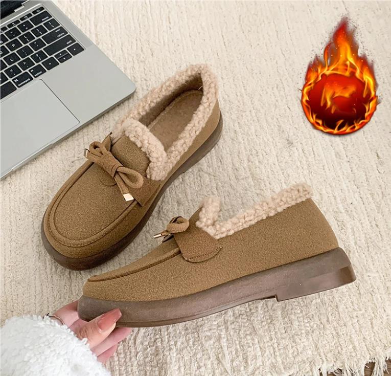 Женские лоферы на подкладке из овчины - Замшевые слипоны на подошве-пузыре Зимние удобные балетки с нескользящей подошвой 39 дубильная кора 1660₽