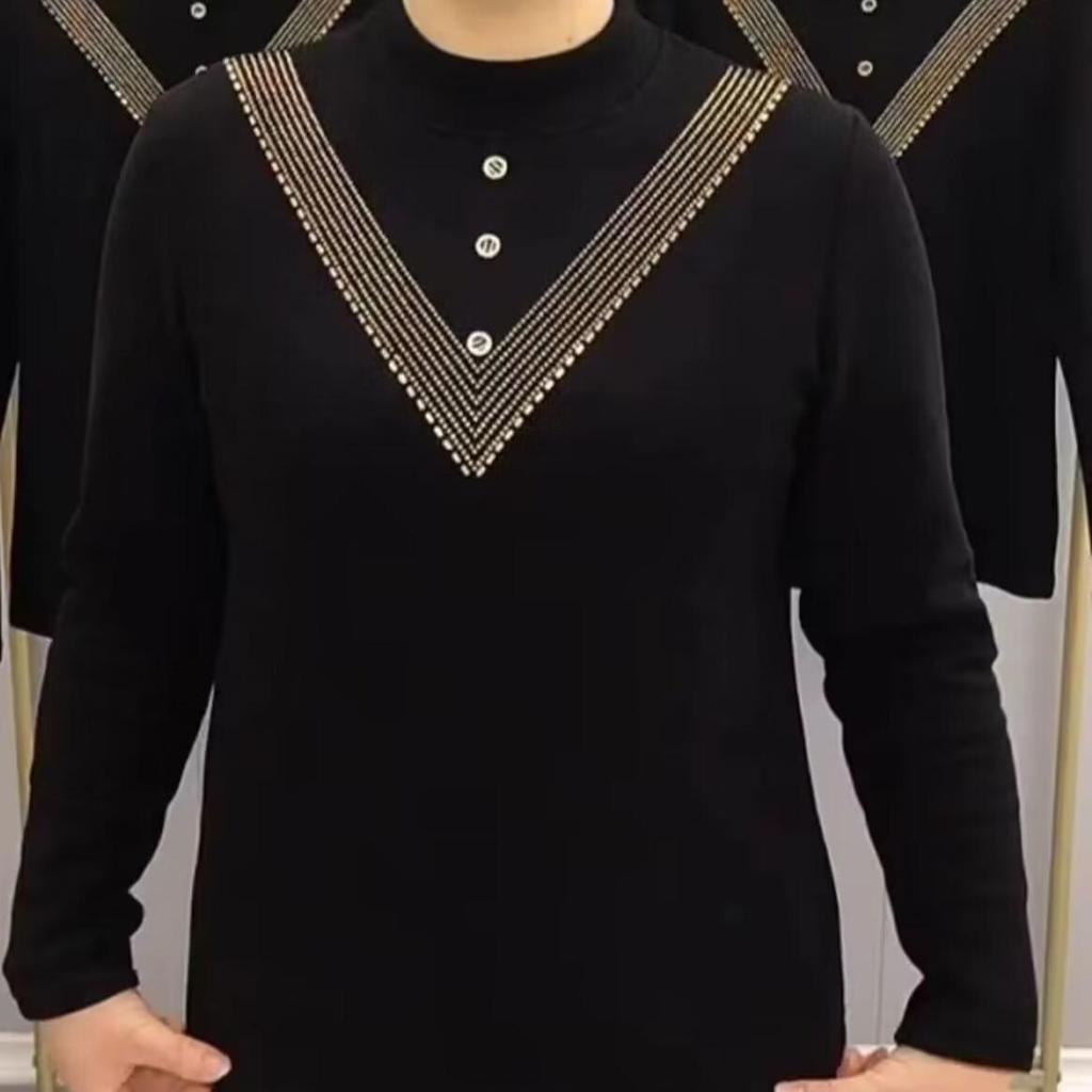 Double-Sided Threaded Velvet Rhinestone Slimming Semi-High Neck Top - Autumn/Winter Warm Base Layer