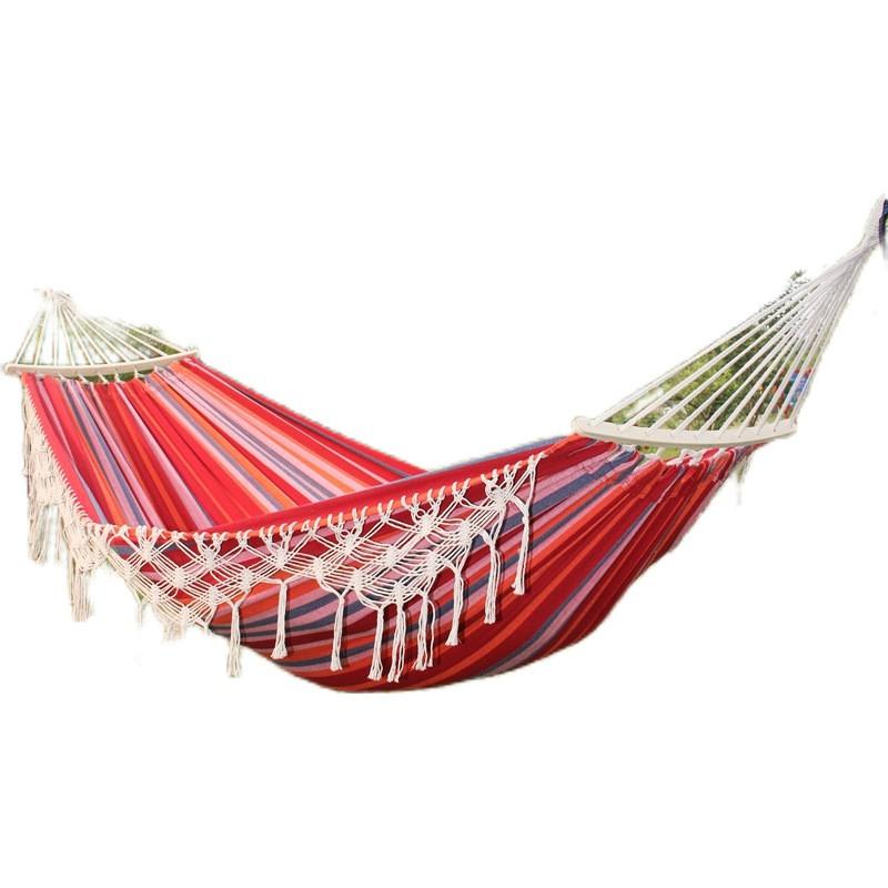 Double Wide Heavy Duty Canvas Hammock With 60cm Wooden Rods Fringe Outdoor Camping Swing Garden Backyard Relaxation