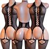 Open Back Bras Body Suits Hanging Neck Bodystockings Erotic Crotchless Lingerie Women Black Sexy Fishnet Hollow Underwear Sets