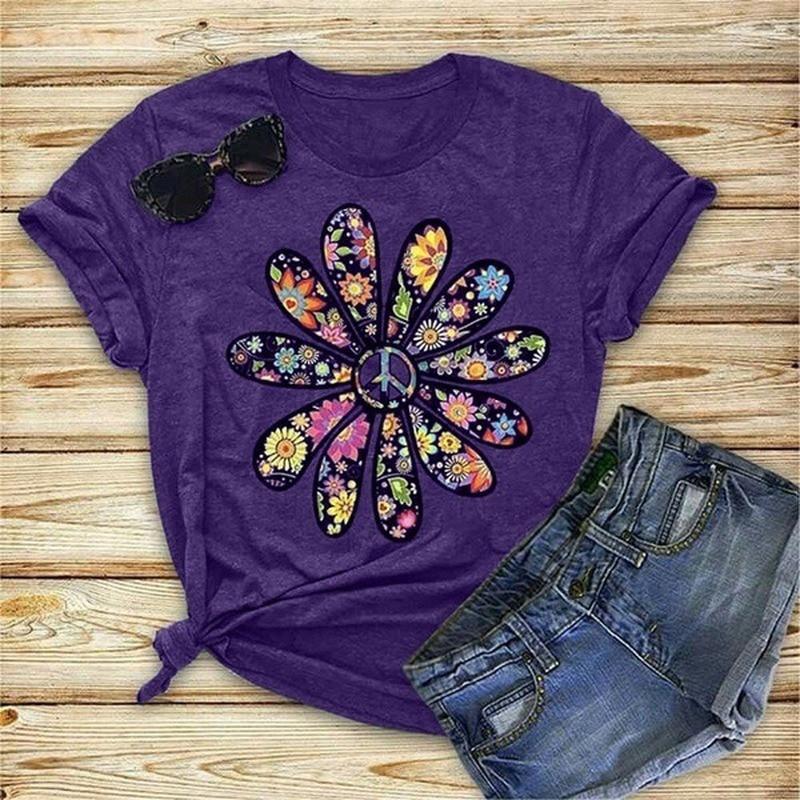 Colorful Daisy Petal Print T Shirt Women Short Sleeve O Neck Loose Tshirt Summer Women Tee Shirt Tops