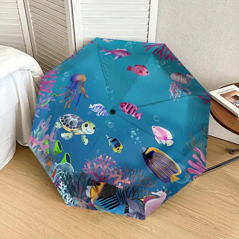 Underwater Paradise: Colorful Sea Life Coral Reef Jellyfish Fish Turtle Starfish Automatic Opening Folding Umbrella - Outdoor Rain Gear for