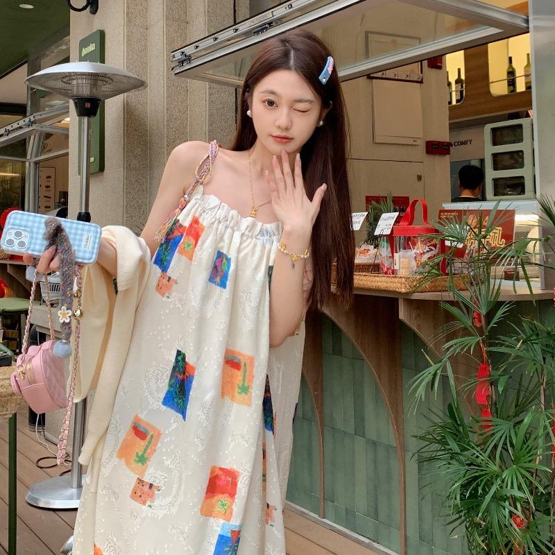 Bohemian Color Suspender Dress Women Summer Small Seaside Vacation May Day Outings Wear Long Skirt