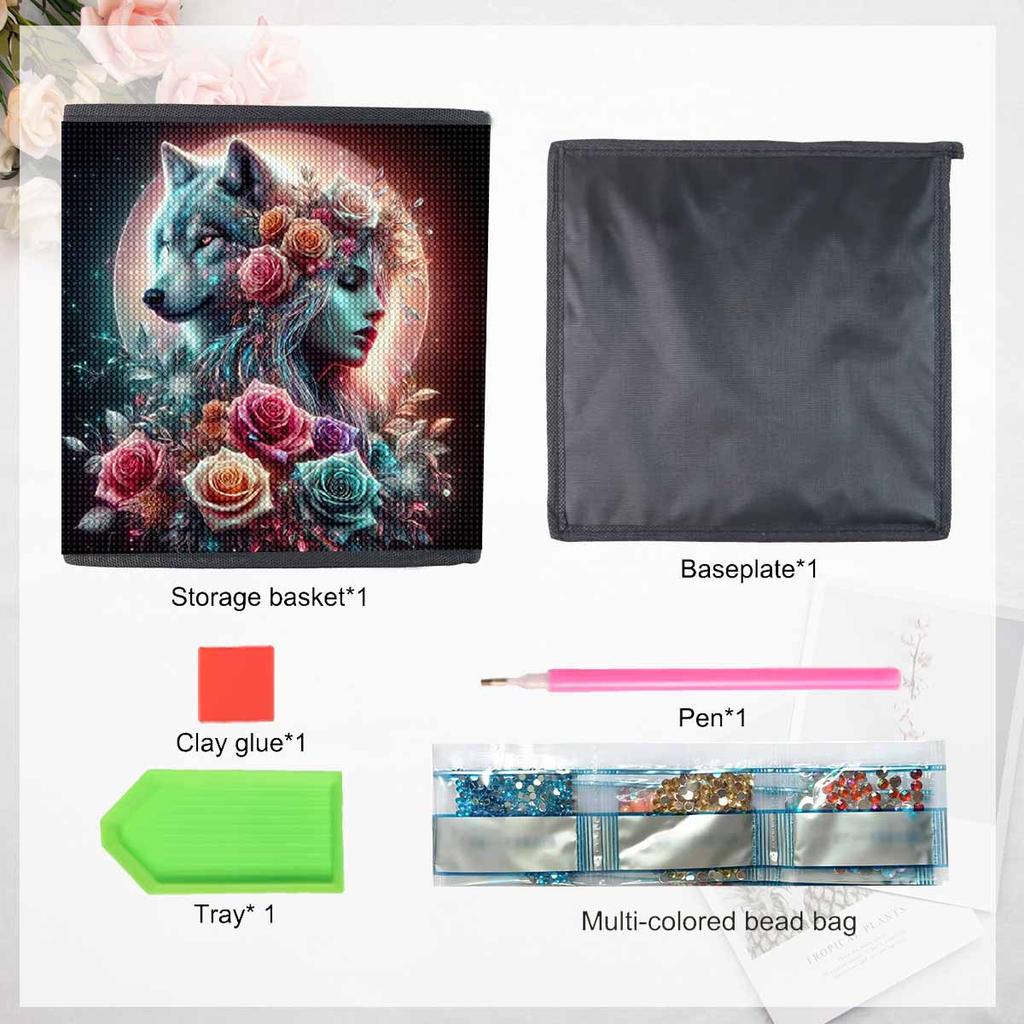 Beauty and Wolf 5D Diamond Painting Storage Basket Full Round Drill Mosaic Diamond Embroidery Cross Stitch Kits Home Decor Home Decor