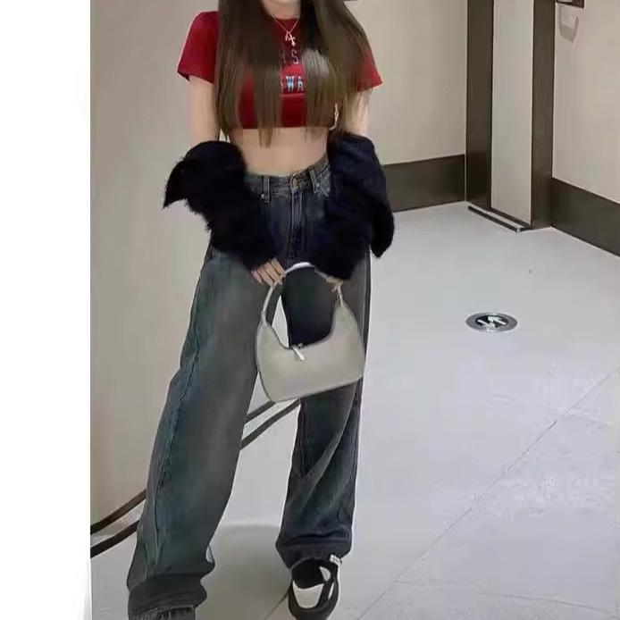 Women's Washed Retro Wide-Leg High-Waist Jeans, Autumn/Winter 2024 Hong Kong Style, Floor-Length Pants