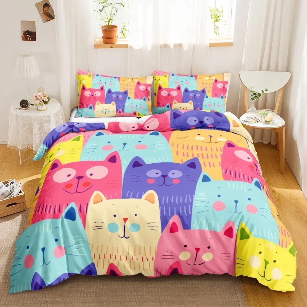 Comforter 3Pcs Single-Sided Printed Bedding Set Comforter Cartoon Cute Cat Duvet Bedding Pillows Comfortable S Beddingset