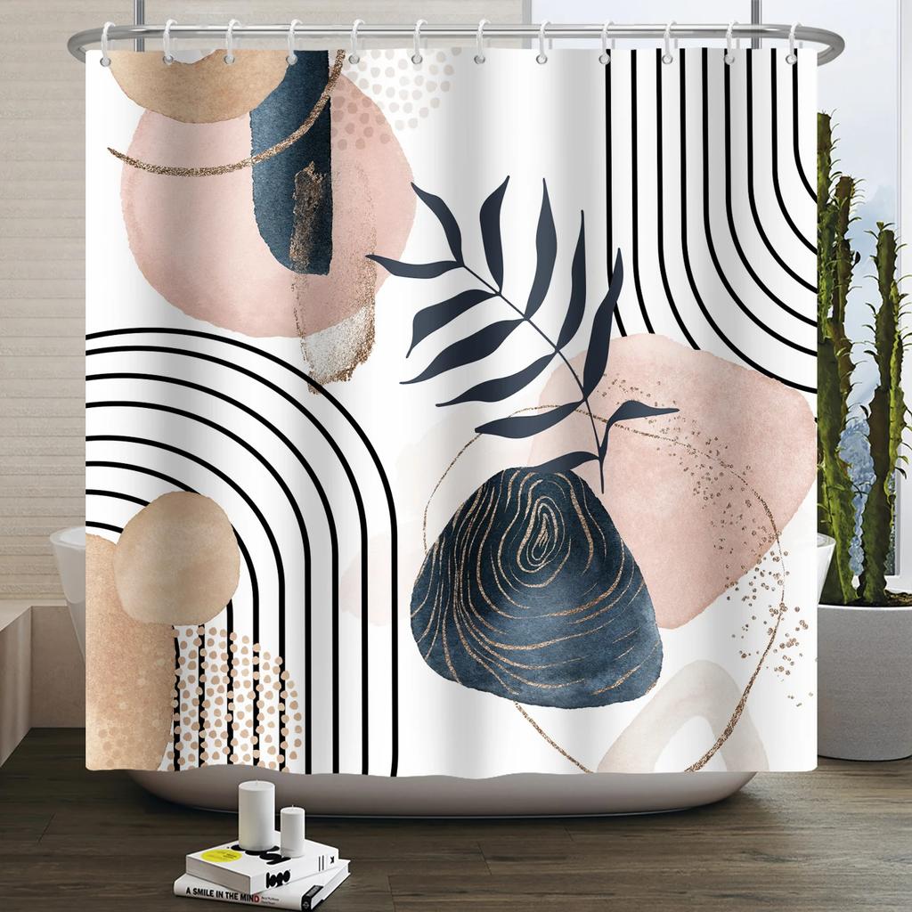 Nordic Wind Boho Shower Curtain for Bathroom Abstract Mid Century Modern Minimalist Geometric Arch Beige Bohemian Bath Curtain