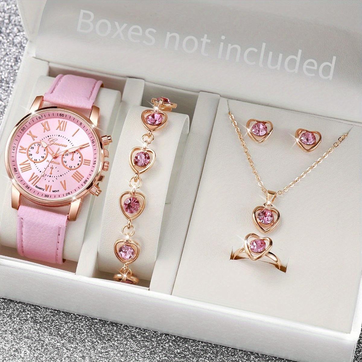 6pcs/Set-Fashion Rhinestone Women s Quartz Watch Rhinestone Heart-shaped Jewelry Set (no Box) розовый
