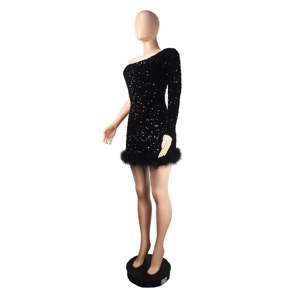 European & American Autumn/Winter Sequin Feather Dress with One-Shoulder Long Sleeve