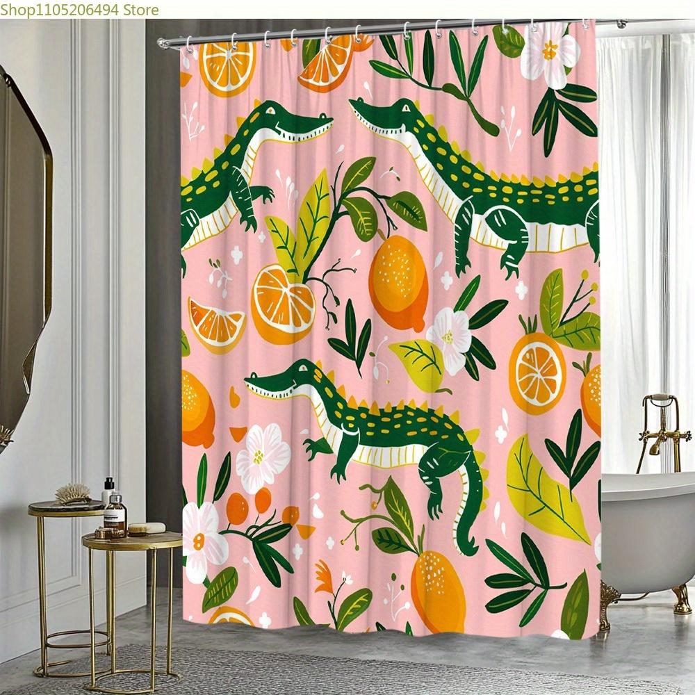 1pc Polyester Crocodile Orange Floral Shower Curtain with Creative and Vibrant Pattern, Includes 12 Hooks, Bathtub Partition H