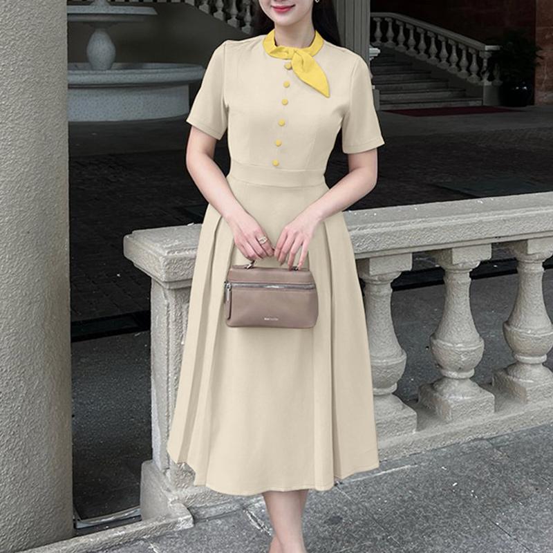 ZANZEA Women Splice Round Neck Casual Short Sleeve Dress S хаки