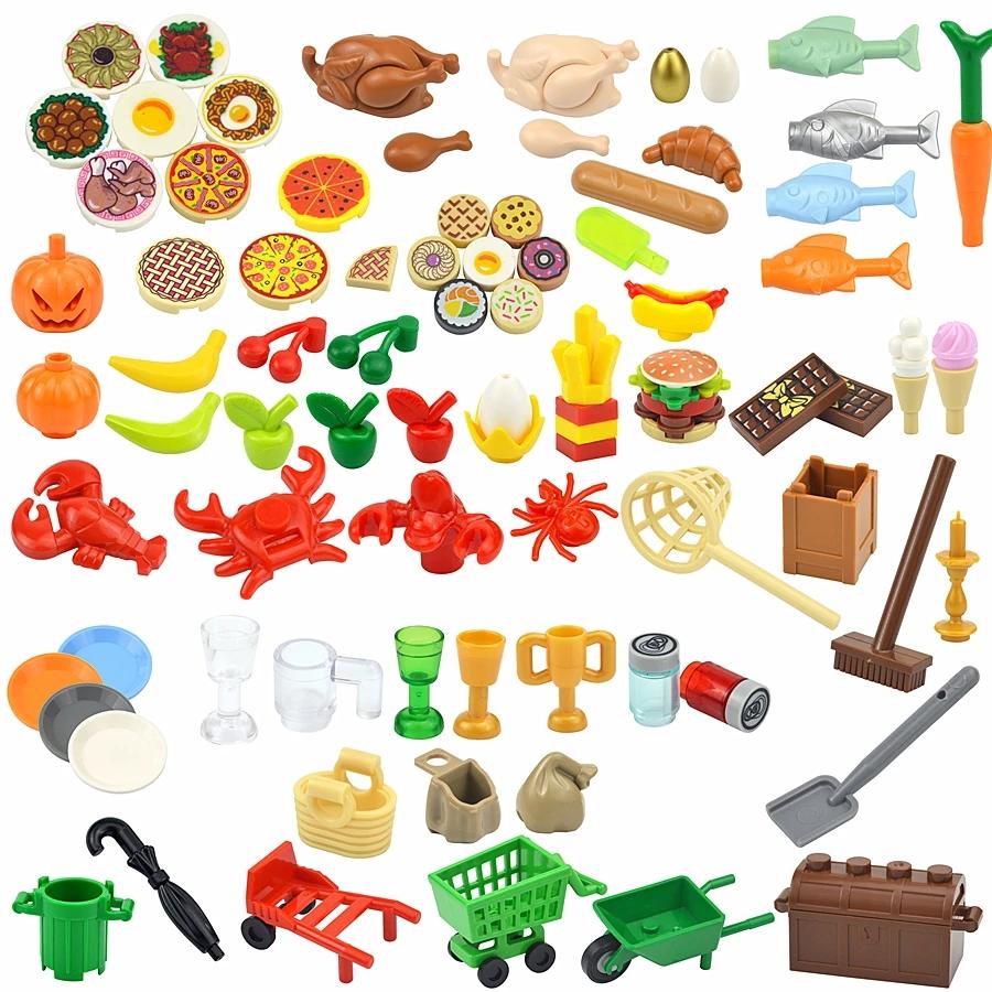 City Friends Mini Food Brick Accessories Cake Banana Carrot Fish Chicken Fries Bread Bottle Kid Toy Building Blocks DlY Gift