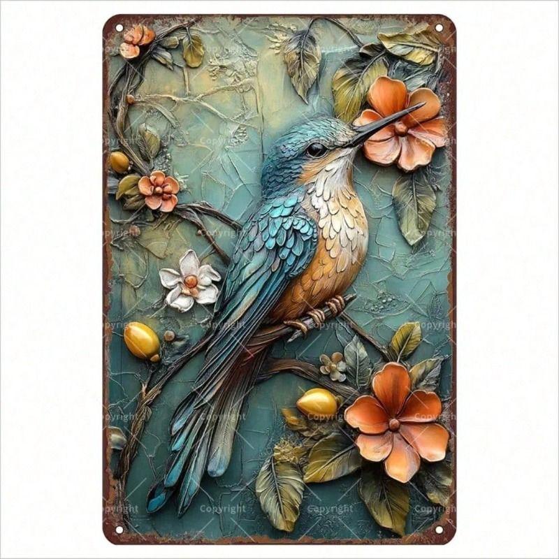 3D Metal Wall Art Vintage Bird Flower Branch Home Garden Decor Sign