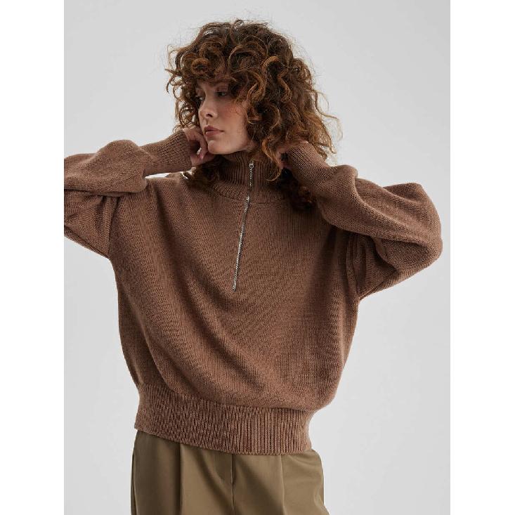 Knitted Lady'S Sweater Stand Collar Drop Shoulder Sleeves Loose Oversized Zippers Fluffy Pullover Autumn Casual Jumper
