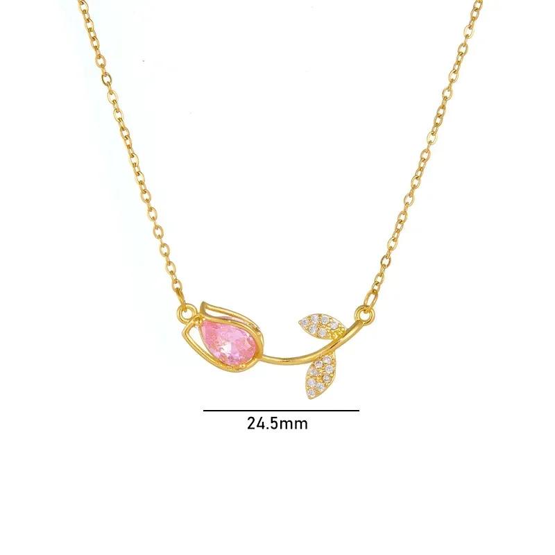 Sweet Colorful Zircon Tulip Pendant Necklaces for Women Girls Stainless Steel Chain Choker Trendy Jewelry Accessories Gifts