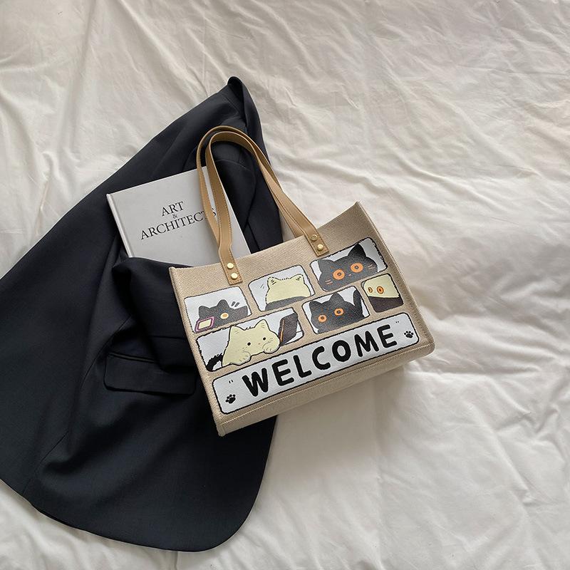 

Летняя большая сумка-тоут с принтом 2025 года, новая японская простая маленькая свежая студенческая сумка хаки