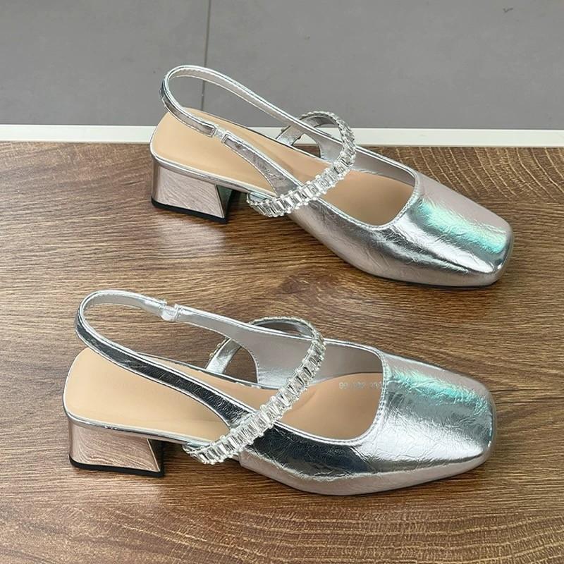 Thick Heel Mary Jane Bag Head Sandals Women's Summer New Rhinestone Word with Square Head Light Mouth Sandals