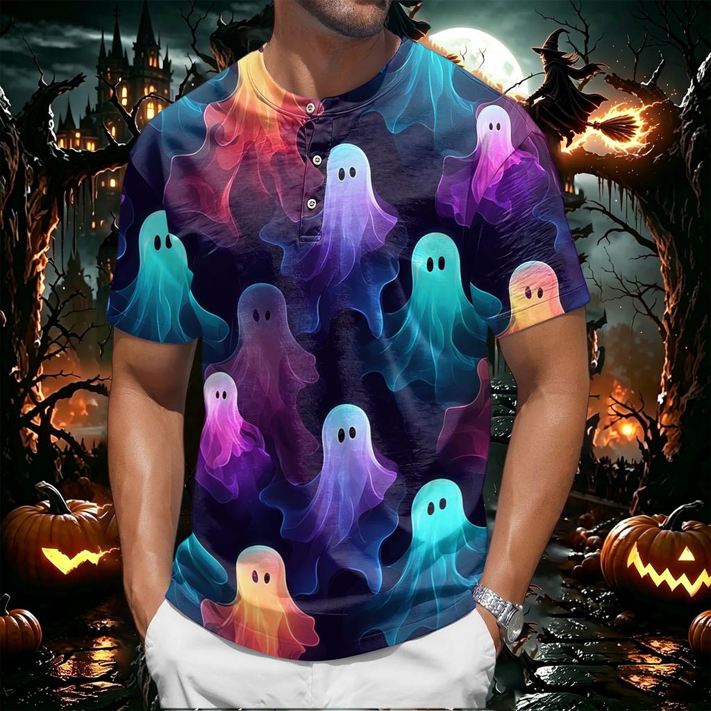 Men's Halloween Print Short Sleeve Henley Shirt Casual Round Neck Button Front Top for Seasonal Festive Wear
