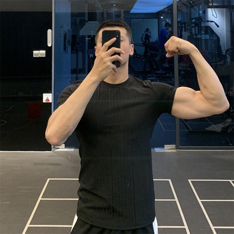 Ice Silk High Elastic Quick-drying Sports Short-sleeved Solid Color Fitness Clothes Men's Tight Round Neck T-shirt