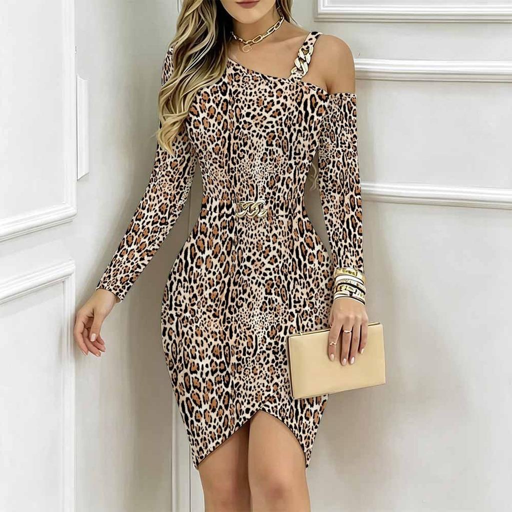Women Plus Size Asymmetric Off Shoulder Long Sleeve Grey Black Leopard Print Irregular Wrap Bodycon Midi Dress