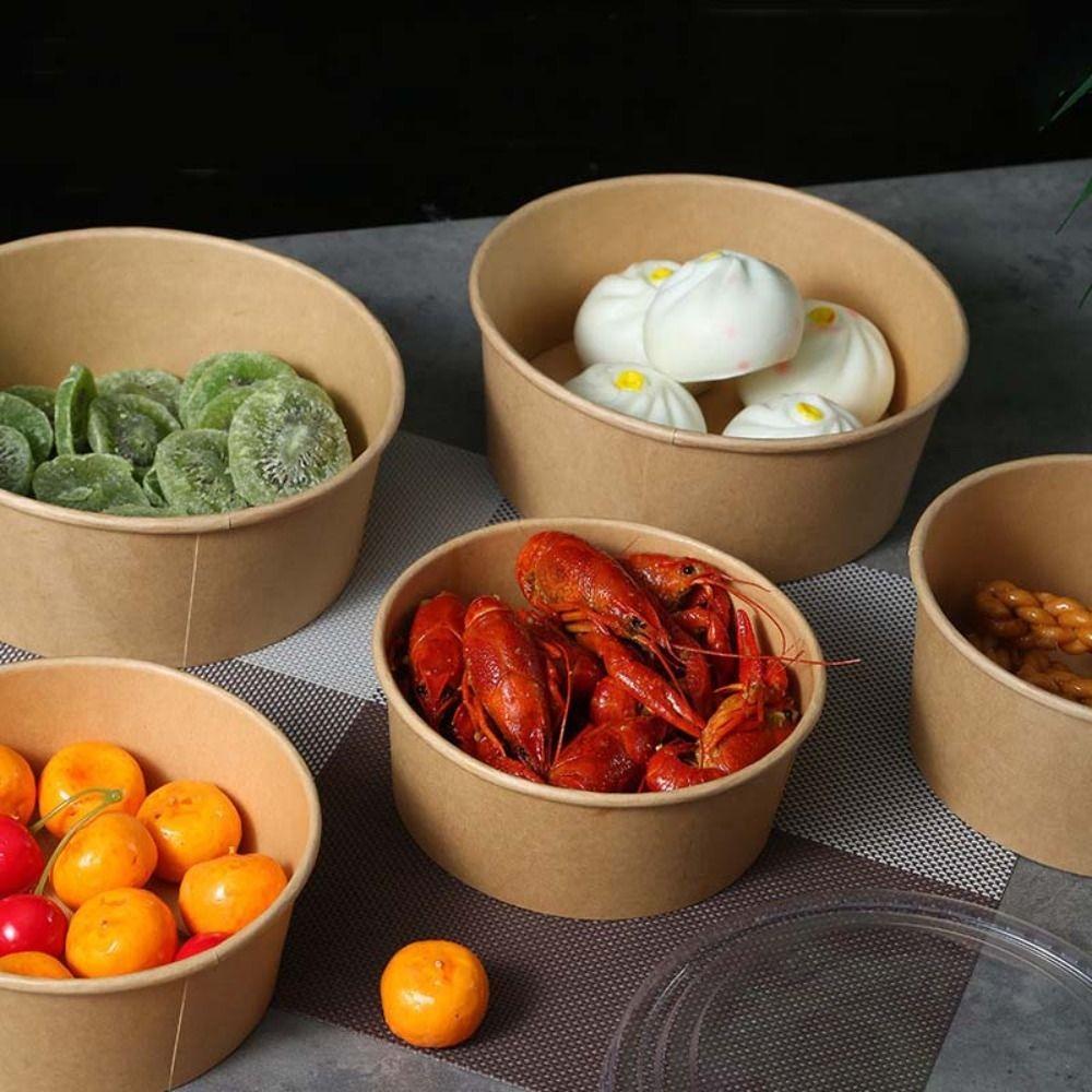 50pcs Kraft Paper Fast Food Package Box Round Rice Bowl Portable Disposable Salad Bowl  Soup