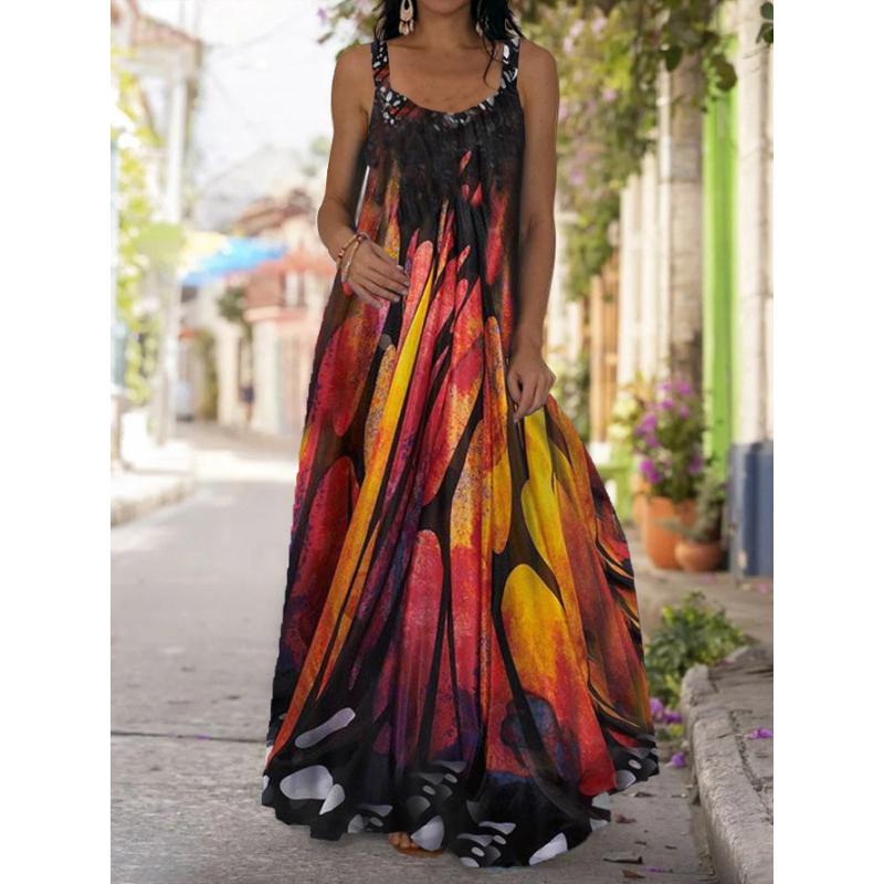 Women's Fashion Casual V Neck Printing Swing Sling Boho Loose Summer Beach Sleeveless Off-the-shoulder Mopping Dress Plus Size Long Dress