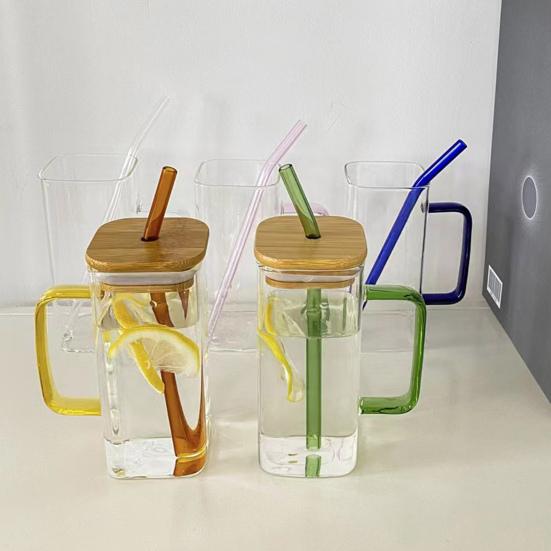 Square Glass Tumbler with Handle And Lid 380ml Transparent Coffee Cup Portable Tea Milk Jar for Hot Cold Drinks