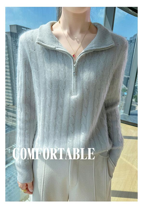 Autumn/Winter 2025 Women's High Neck Wool Knit Pullover: Ribbed Half-Zip, Soft & Fluffy Versatile Sweater
