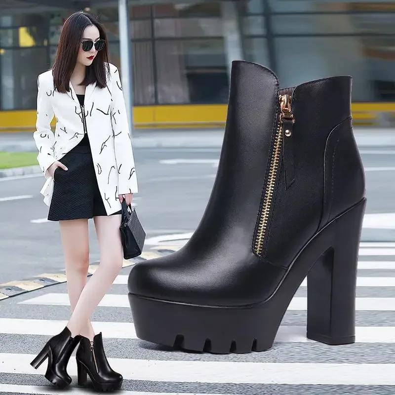 13cm Small Size 32-43 British Style Block High Heels Boots Platform Shoes 2025 Winter Thick Bottom Plush Ankle Boots Model Mom