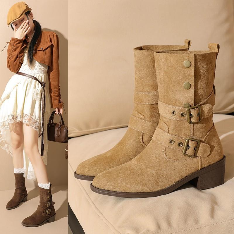 British style folded two wear western cowboy boots high heel medium boots autumn and winter thick heel Martin boots women's platform short boots